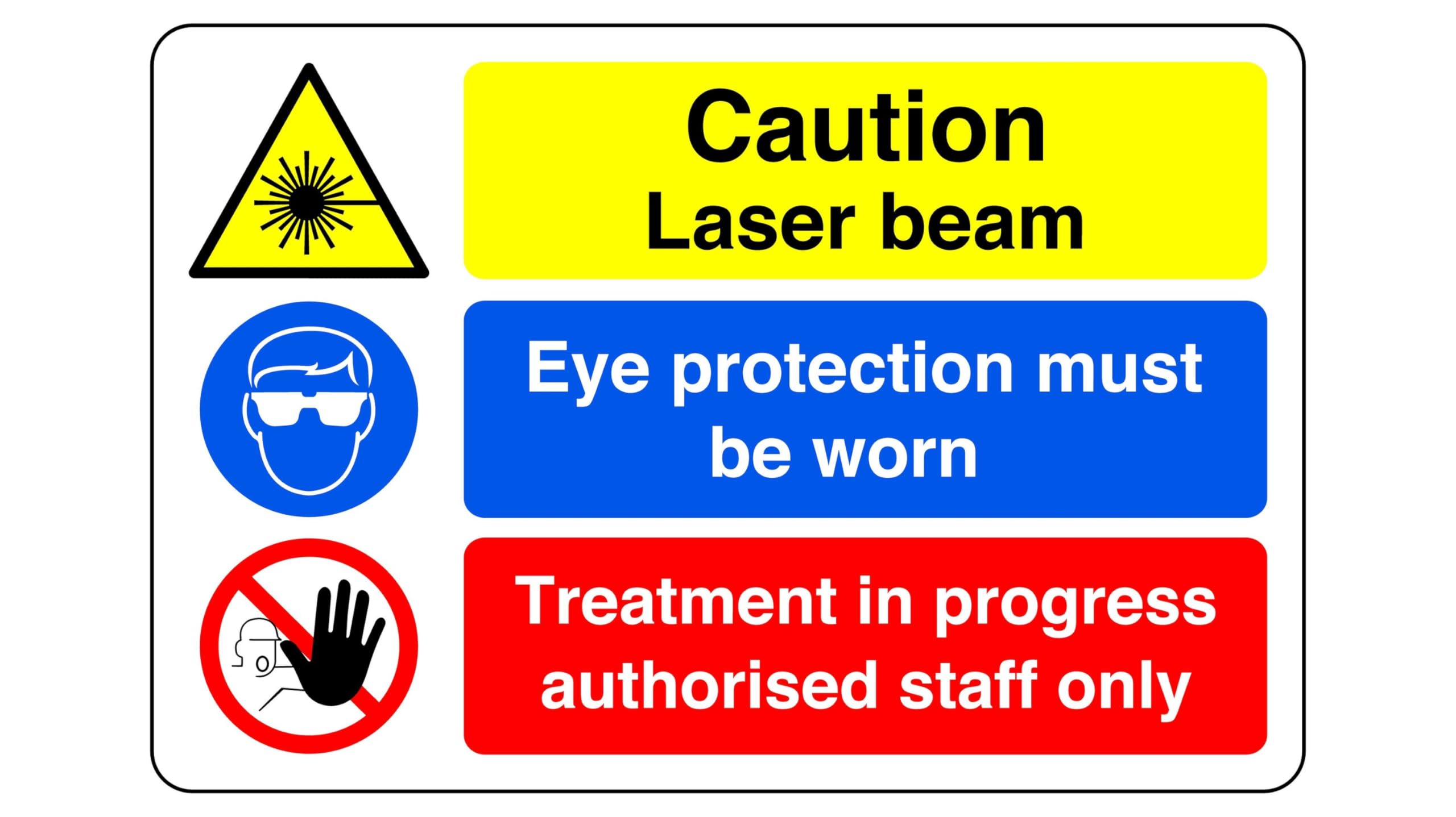 Caution laser beam sign - 1.2mm Rigid plastic for indoor/outdoor usage (400mm x 300mm) Viewing Distance within 14m.