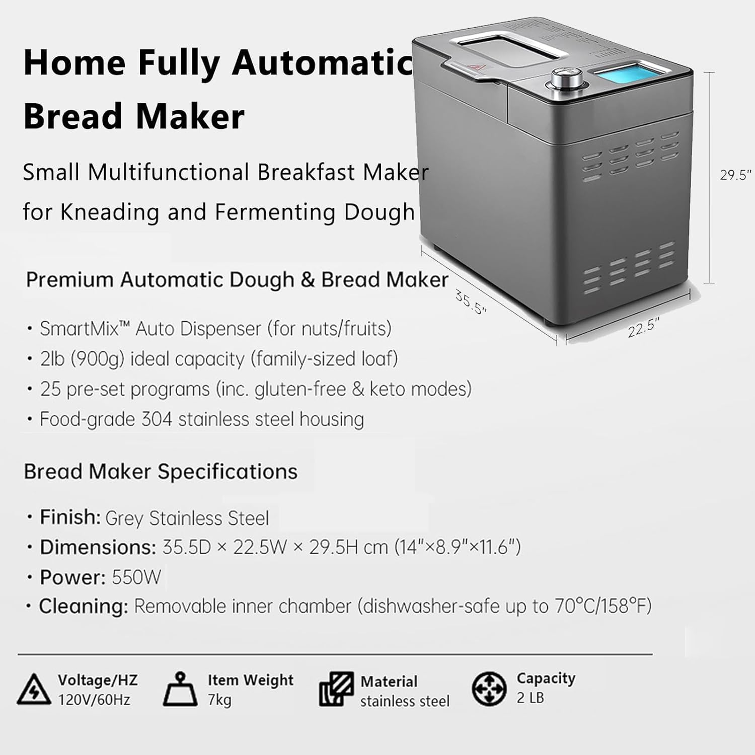 2lb Bread Maker Machine, Programmable Bread Machine, Stainless Steel, 25 Smart Programs & Custom Settings, Keep Warm for 1 H, for Gluten-Free, Sourdough, Pizza Dough