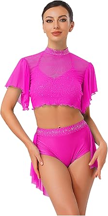 Women Lyrical Dance Costumes Contemporary Dancewear Halter Crop Top and Leotard Skirt 3 Piece Outfit