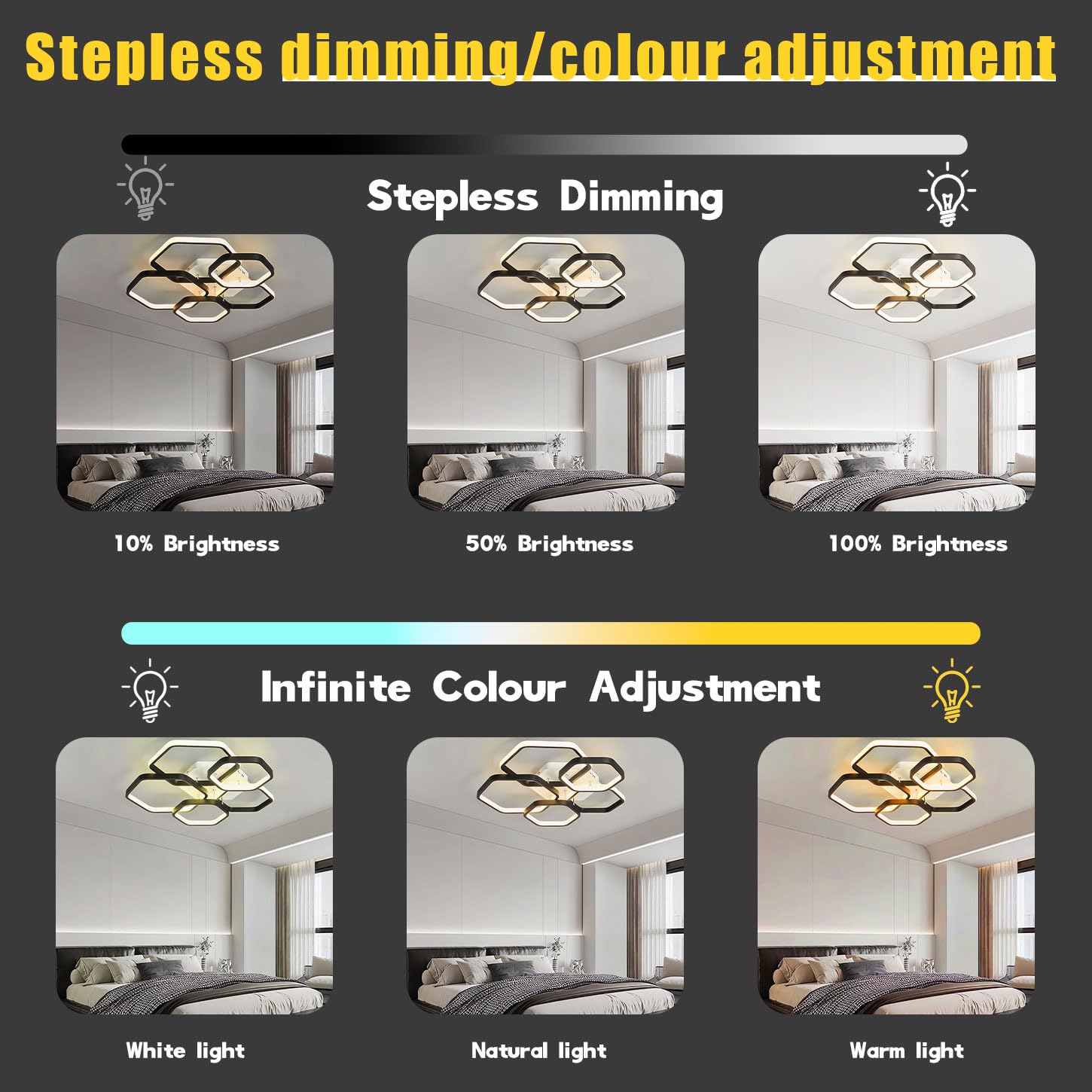Lámpara de techo LED moderna, lámpara de techo regulable para dormitorio de 3000-6000 K con mando a distancia, lámpara de techo acrílica negra, ideal para dormitorios. (Oro)