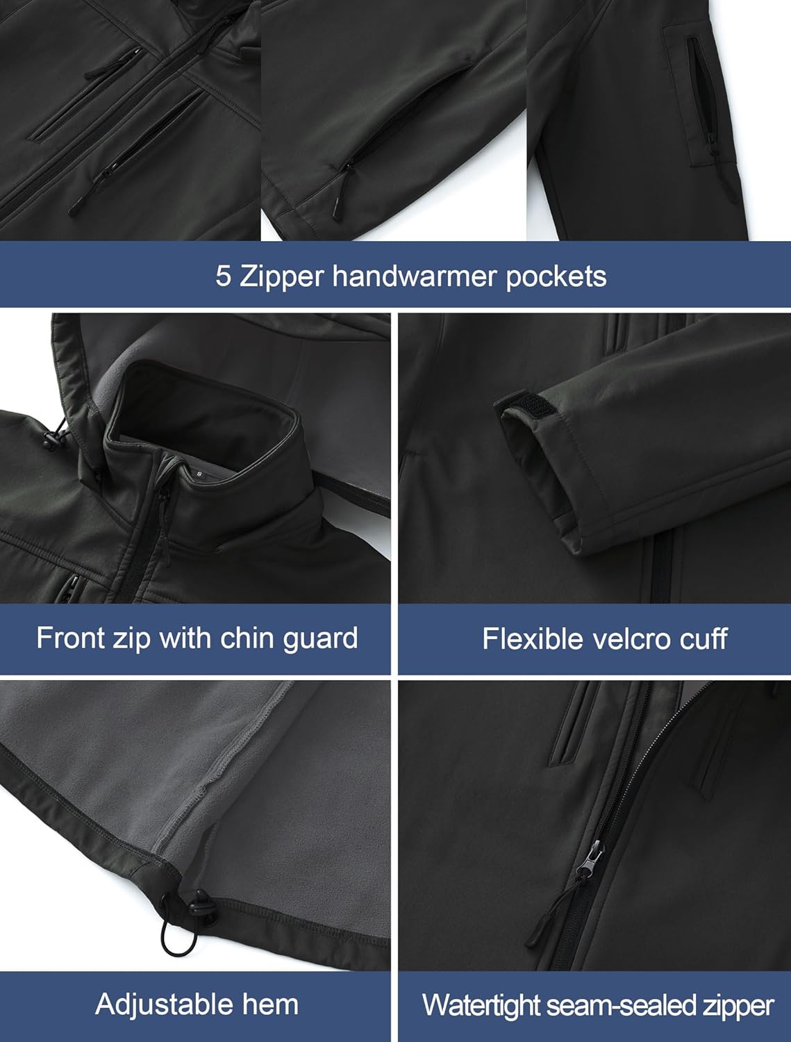 CREATMO US Men's Softshell Military Jacket With Removable Hood, Fleece Lined and Water Repellent Outdoor Reflective Coat