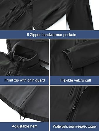CREATMO US Men's Softshell Military Jacket With Removable Hood, Fleece Lined and Water Repellent Outdoor Reflective Coat