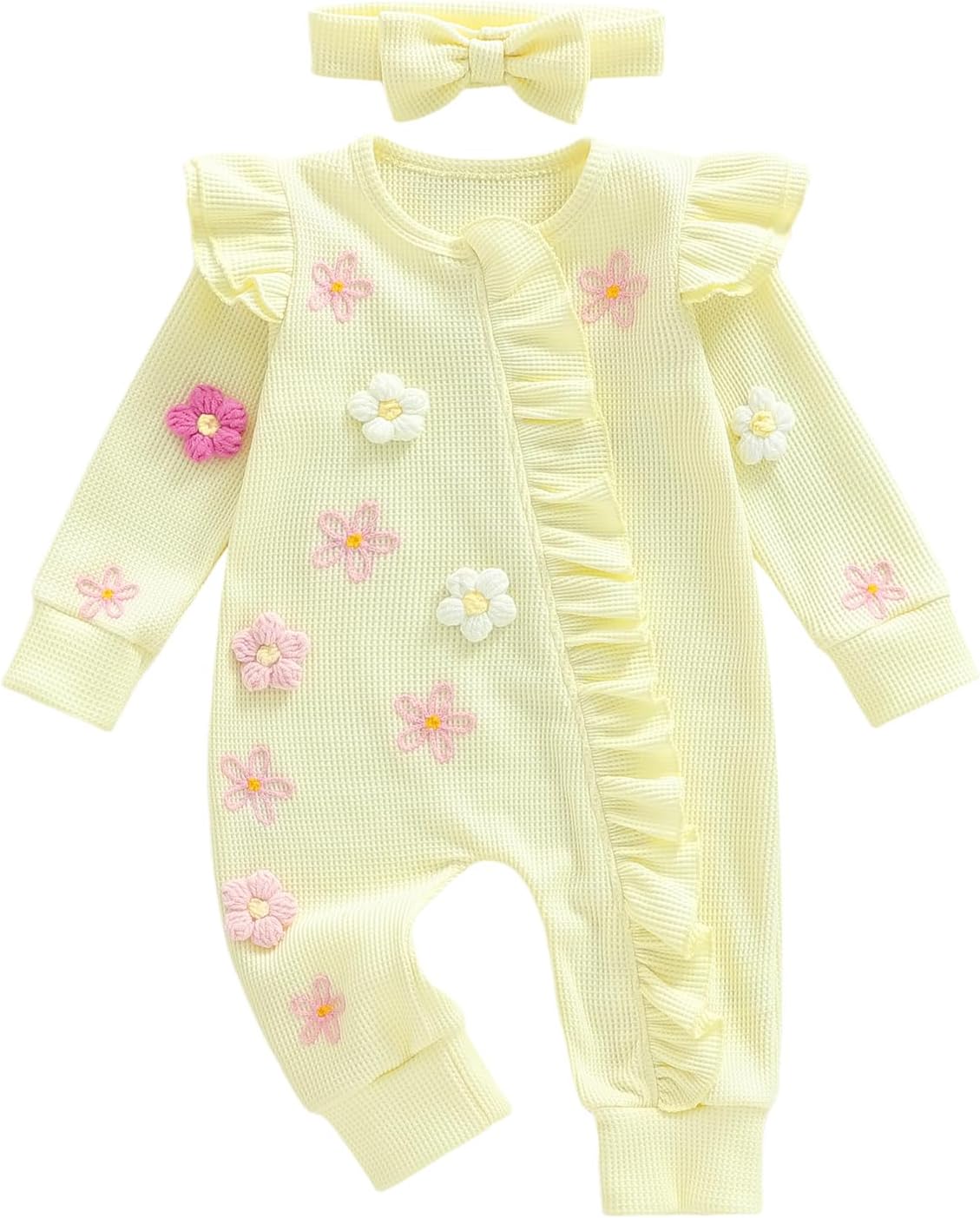 Newborn Baby Girl Clothes Coming Home Outfits Floral Ruffle Romper Waffle Knit Zipper Jumpsuit Fall Winter