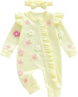 Newborn Baby Girl Valentines Day Outfit Heart Print Ruffle Long Sleeve Romper Onesie Cute Clothes with Headband