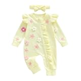 Newborn Baby Girl Valentines Day Outfit Heart Print Ruffle Long Sleeve Romper Onesie Cute Clothes with Headband