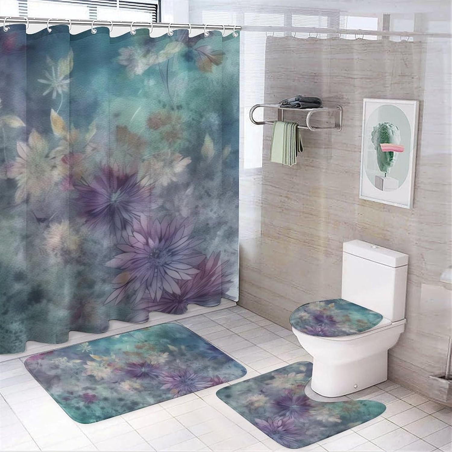 and Green Shower Curtain Set 4 Piece, Non-Slip Bath Mat with Toilet Lid Cover and Waterproof Shower Curtain with 12 Hooks, Complete Bathroom Set for Home Decor