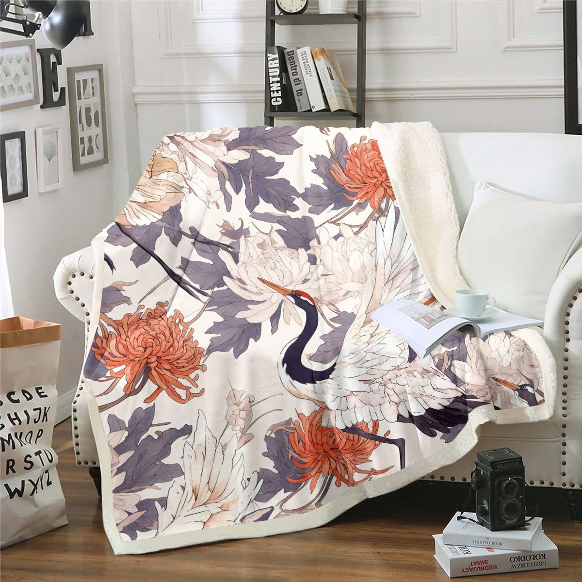 Feelyou Japanese-Style Fleece Throw Blanket Twin 60"x80" Kids Botanical Plants Print Plush Blanket for Boys Girls Teens Chrysanthemum Sherpa Blanket Crane Print Fuzzy Blanket