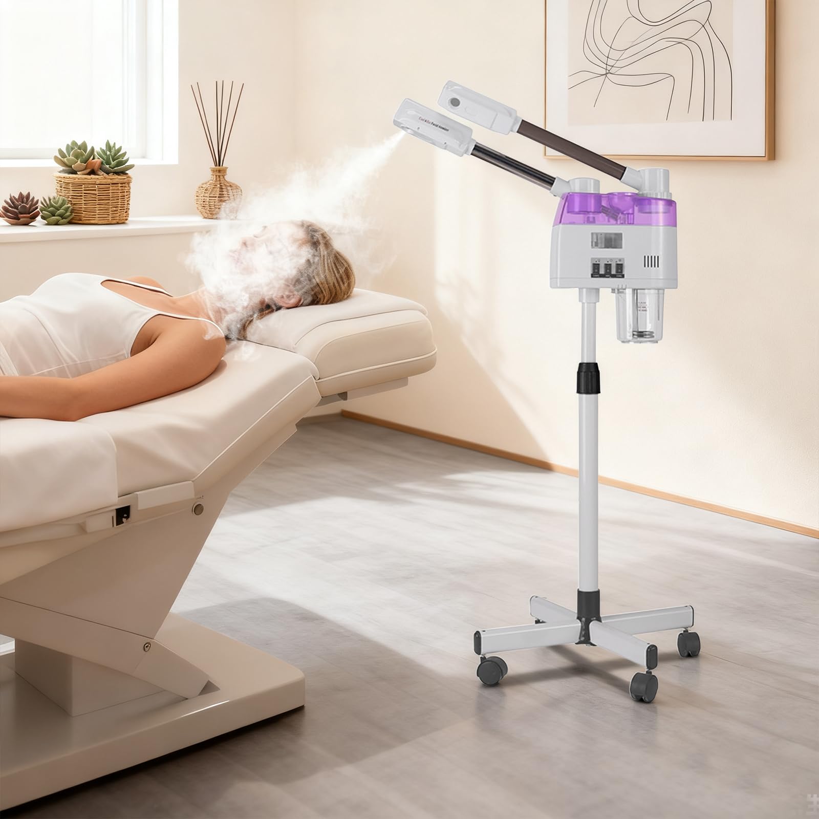 Parownik do twarzy, stojąca, 800 W, oczyszczacz porów, urządzenie do spa z gorącym sprayem o pojemności 680 ml, obracana o 360°, do salonu, SPA, pielęgnacji twarzy, regulacja wysokości, z lampą