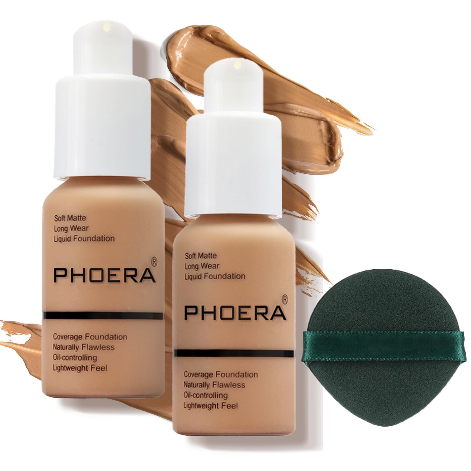 PHOERA Foundation 2er Set,Matte Flüssig Foundation mit voller Deckkraft,24H langanhaltend Make-up,wasserfest,ideal für reife Haut,deckt Hautunreinheiten,Rötungen,für Alltag,Party (2 Stück 101)