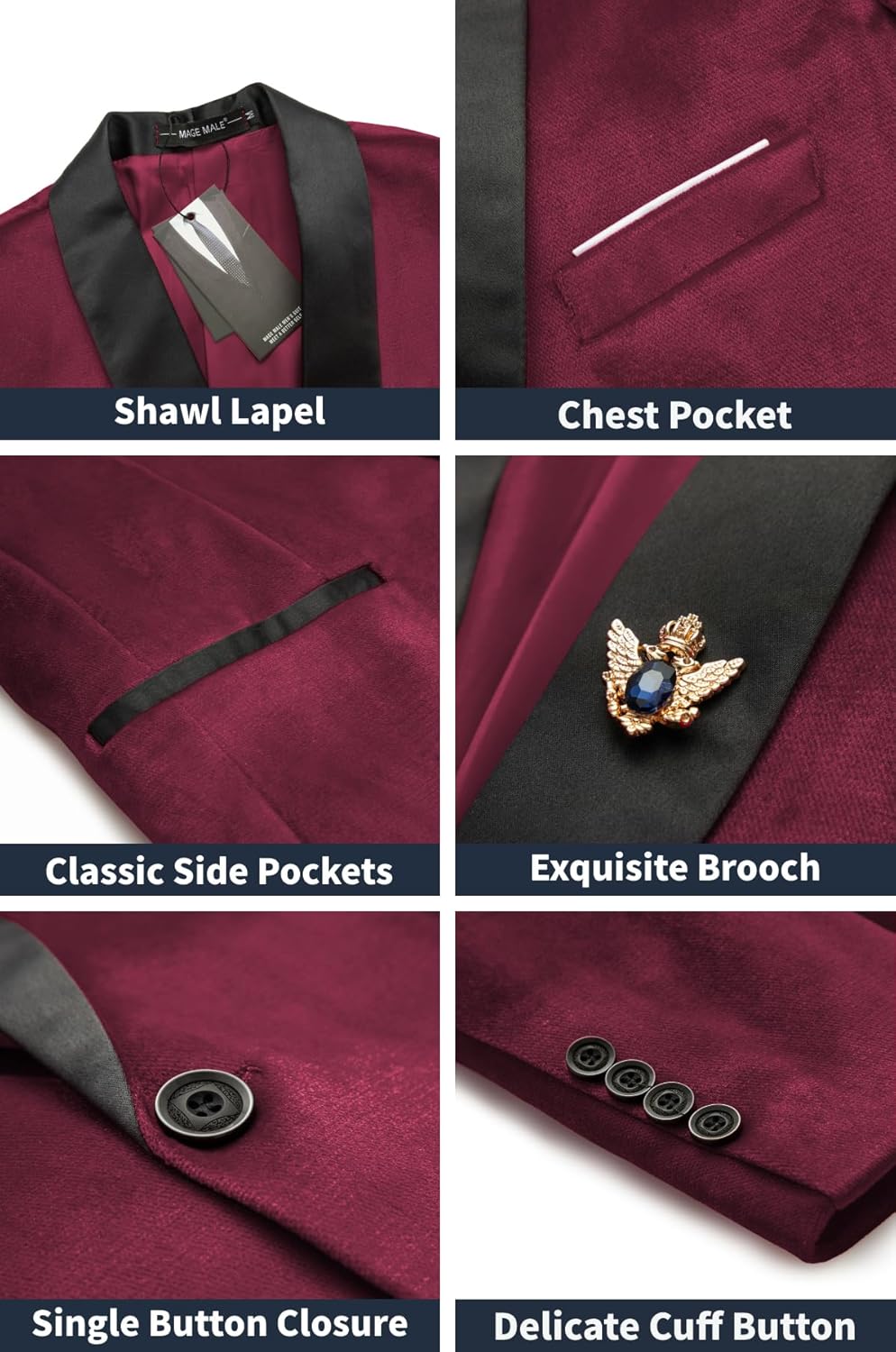 MAGE MALE Men's Velvet Slim Fit Suit Blazer Jacket Shawl Lapel One Button Dinner Prom Wedding Tuxedo - Image 4