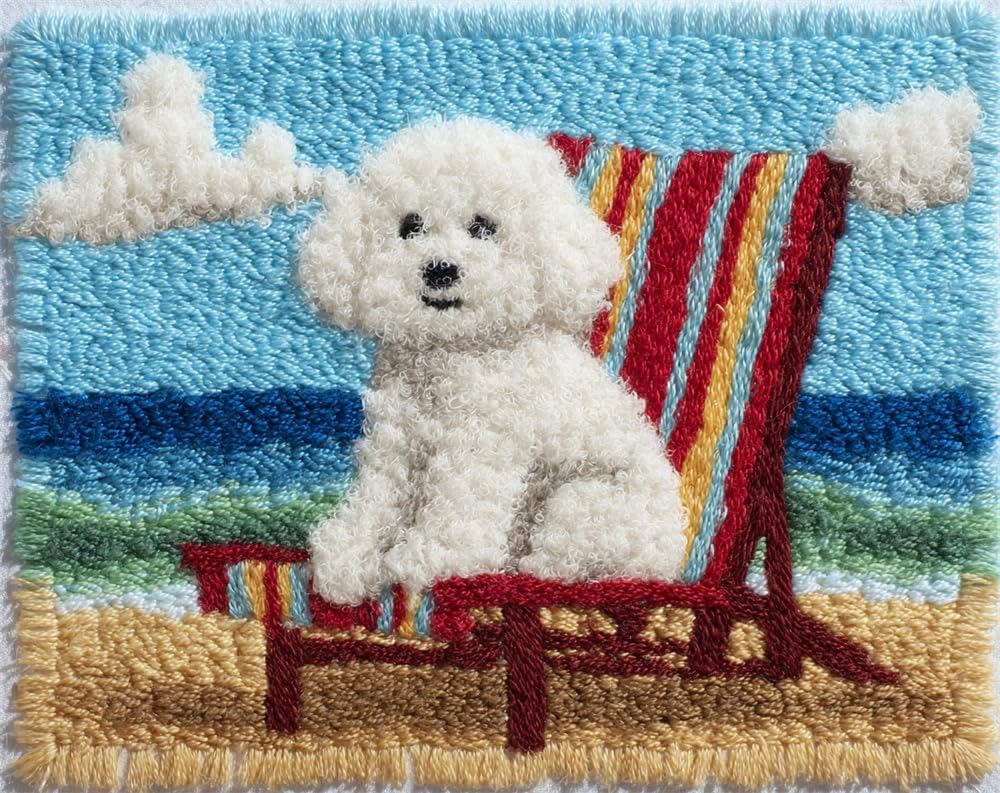 Kitquiver Rug Kits for Adults Latch Hook Pre Printed Bichon Frise Sitting On A Beach Chair DIY Crafts Crochet Yarn Handmade Embroidery with Printed Canvas Needlework for Home Decor 31X45In