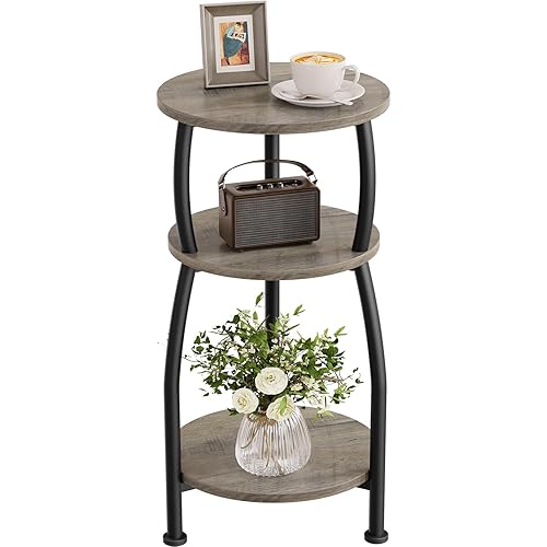 Small Round Side Table, 3-Tier End Table with Storage Shelf,