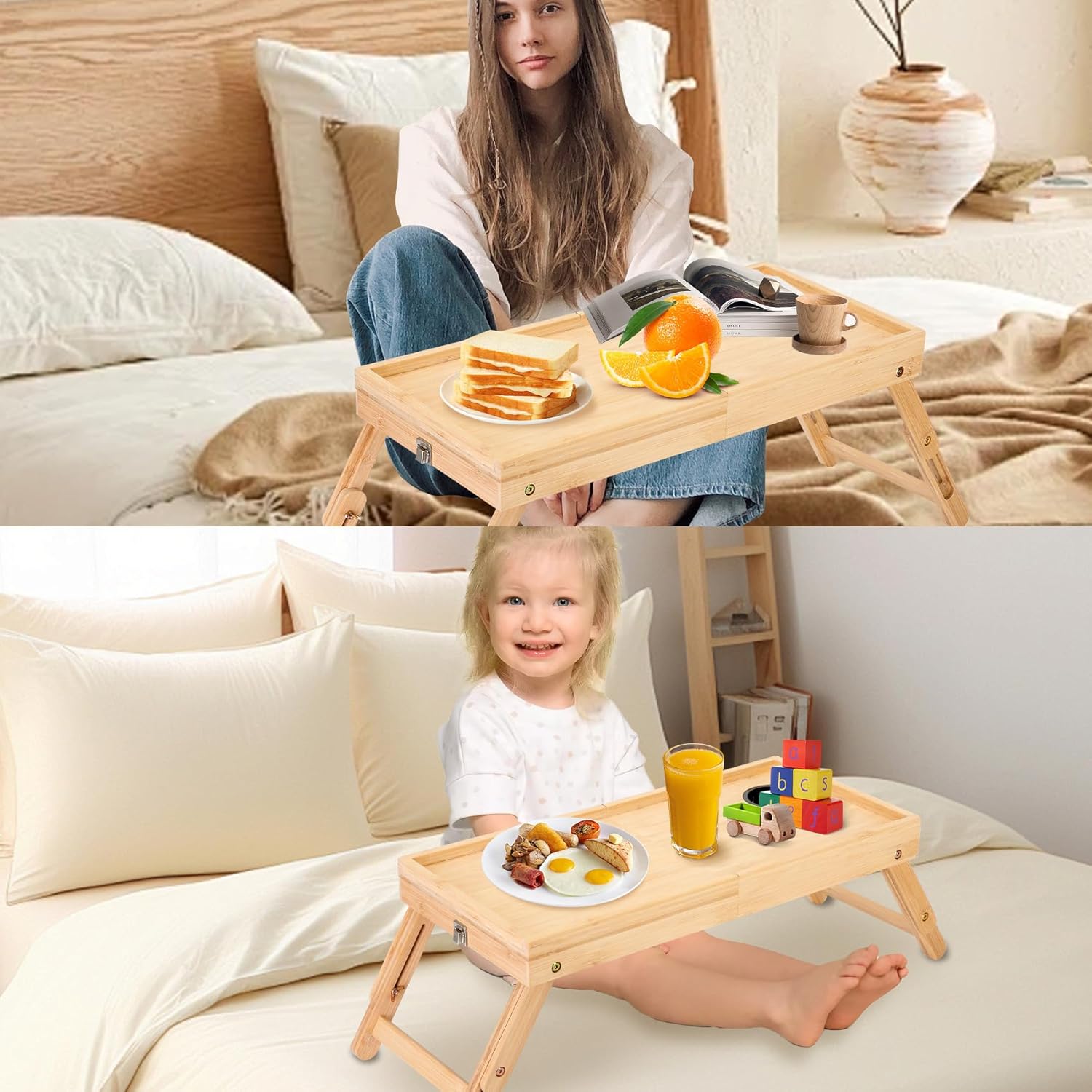 Bed Tray Table with Folding Legs & Handles, Upgrade Foldable Design Bamboo Breakfast Bed Tray for Sofa, Bed, Eating, Working, Used As Laptop Desk Snack Tray