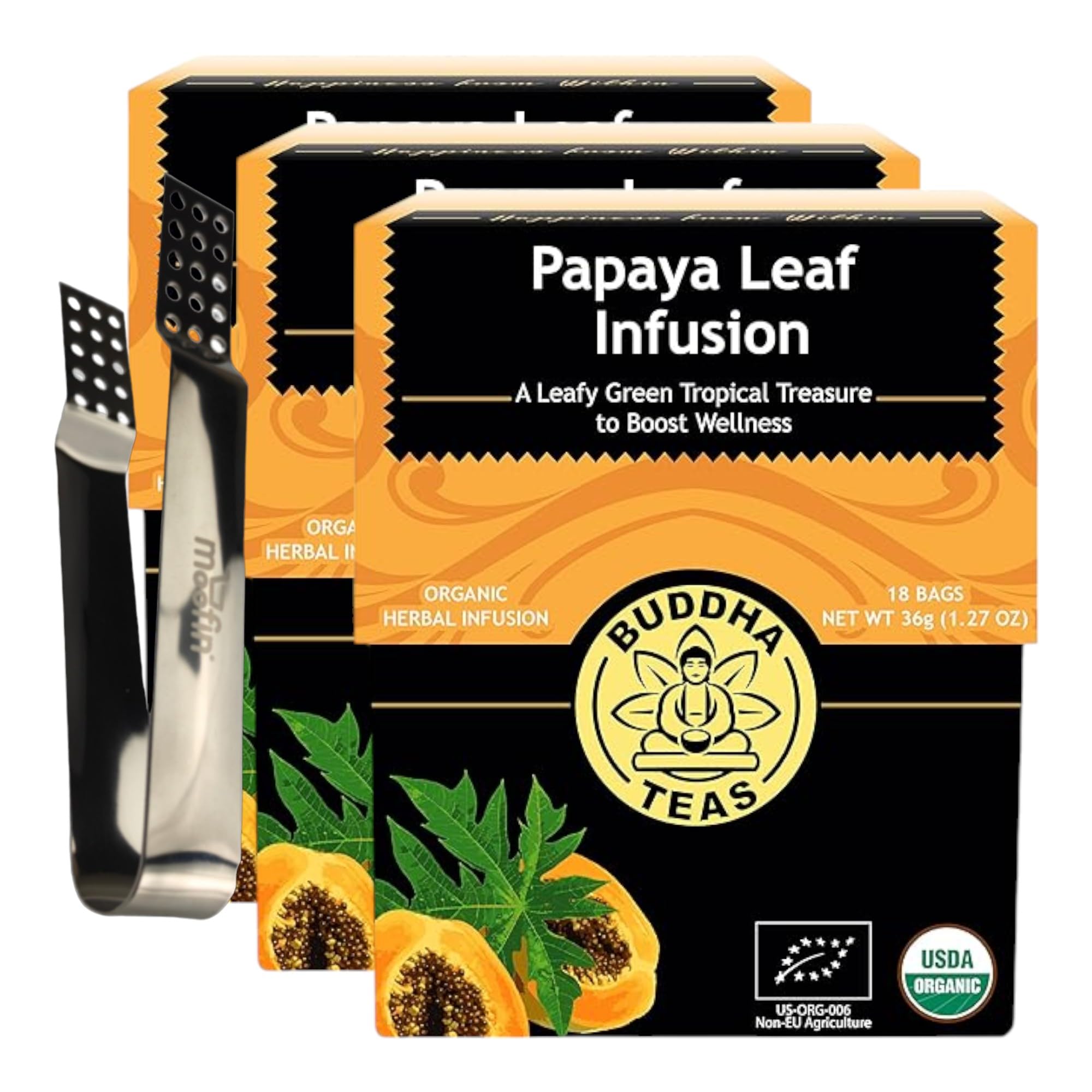 Organic Herbal Papaya Leaf Tea, USDA Organic tea, 18 Bleach-Free Bags, Kosher, Non-GMO, Caffeine-Free, Digestive Aid - Bundled with Moofin Silver SS Tea Bag Squeezer [Pack of 3]