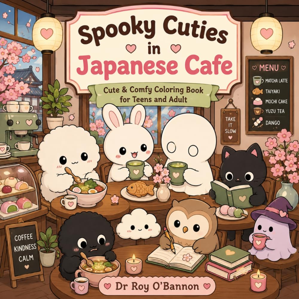 Spooky Cuties in Japanese Cafe: Cute & Comfy Coloring Book for Coloring Book for Adults and Teens, Featuring Adorable Creepy Creatures in Cozy Moments for Relaxation
