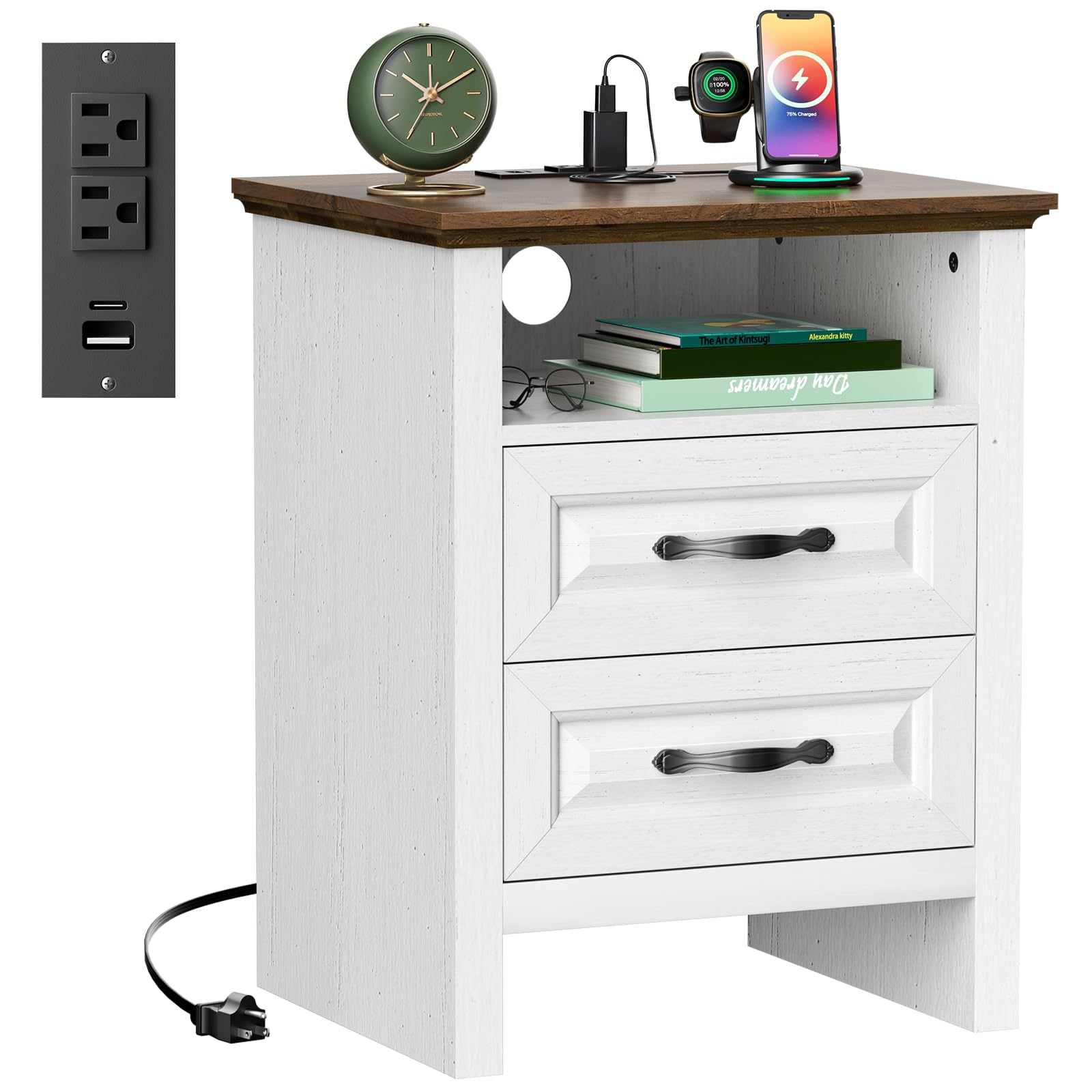 Photo 1 of **Missing Parts - Missing hardware**
Marsail Nightstand with Charging Station, Farmhouse Bedside Table with 2 Drawers and Open Shelf, Bedside Storage Cabinet for Bedroom, Rustic End Side Table, Wood White