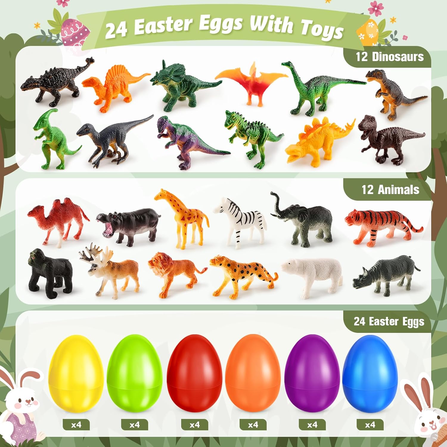 Shemira 24 Pack Easter Eggs Filled with Animal Dinosaur Toys, Easter Basket Stuffers Fillers, Easter Goodie Bag Stuffers, Easter Eggs Hunt, Easters' Party Favors Basket Essentials, Classroom Prizes - Image 2