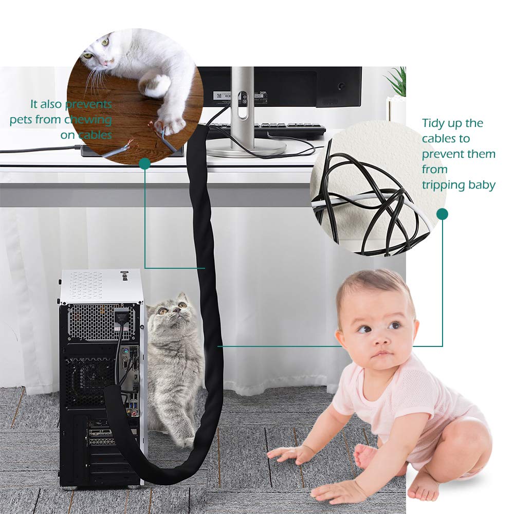 Organizar Cables 4m, GeeRic Neopreno Flexible Funda para Manejo De Cables, Impermeable, DIY Cortable y Ajustable, Protector de Cable para Escritorio, Oficina, Mesa, TV.