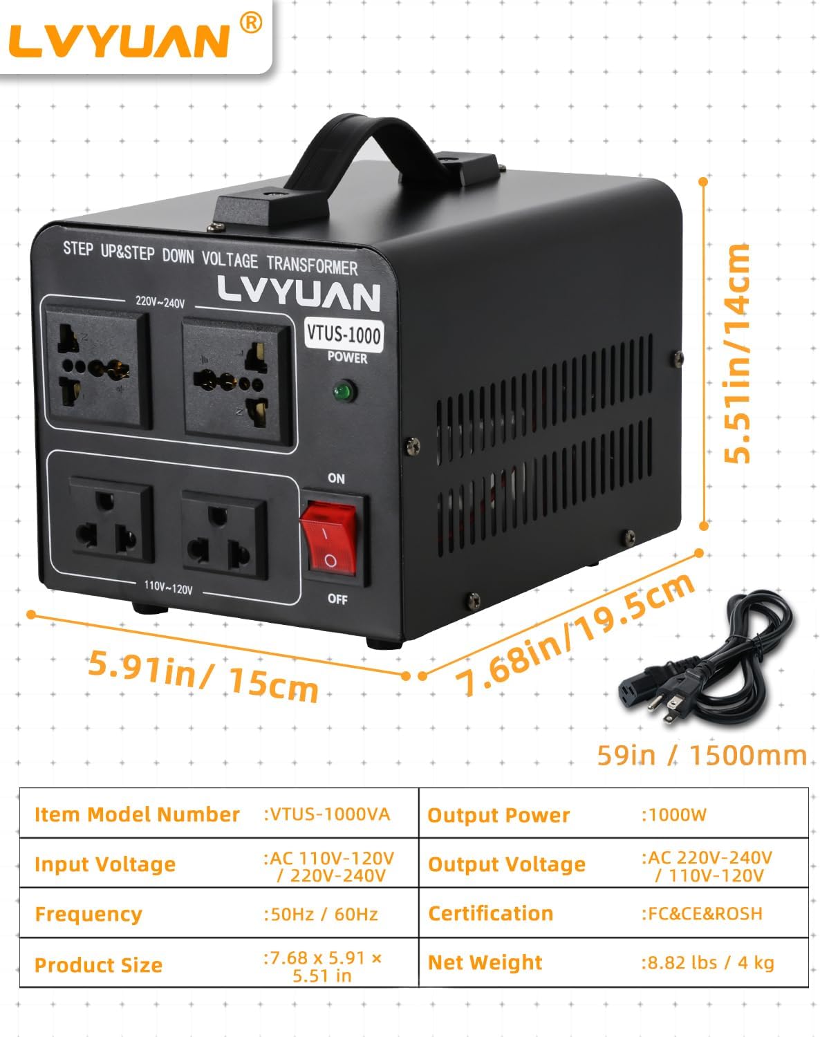 LVYUAN Voltage Converter Transformer 1000 Watt Step Up/Down Convert from 110V-120V to 220V-240Vt and from 220V-240V to 110V-120V with 2 US outlets, 2 Universal outlets, Resettable Circuit Breaker