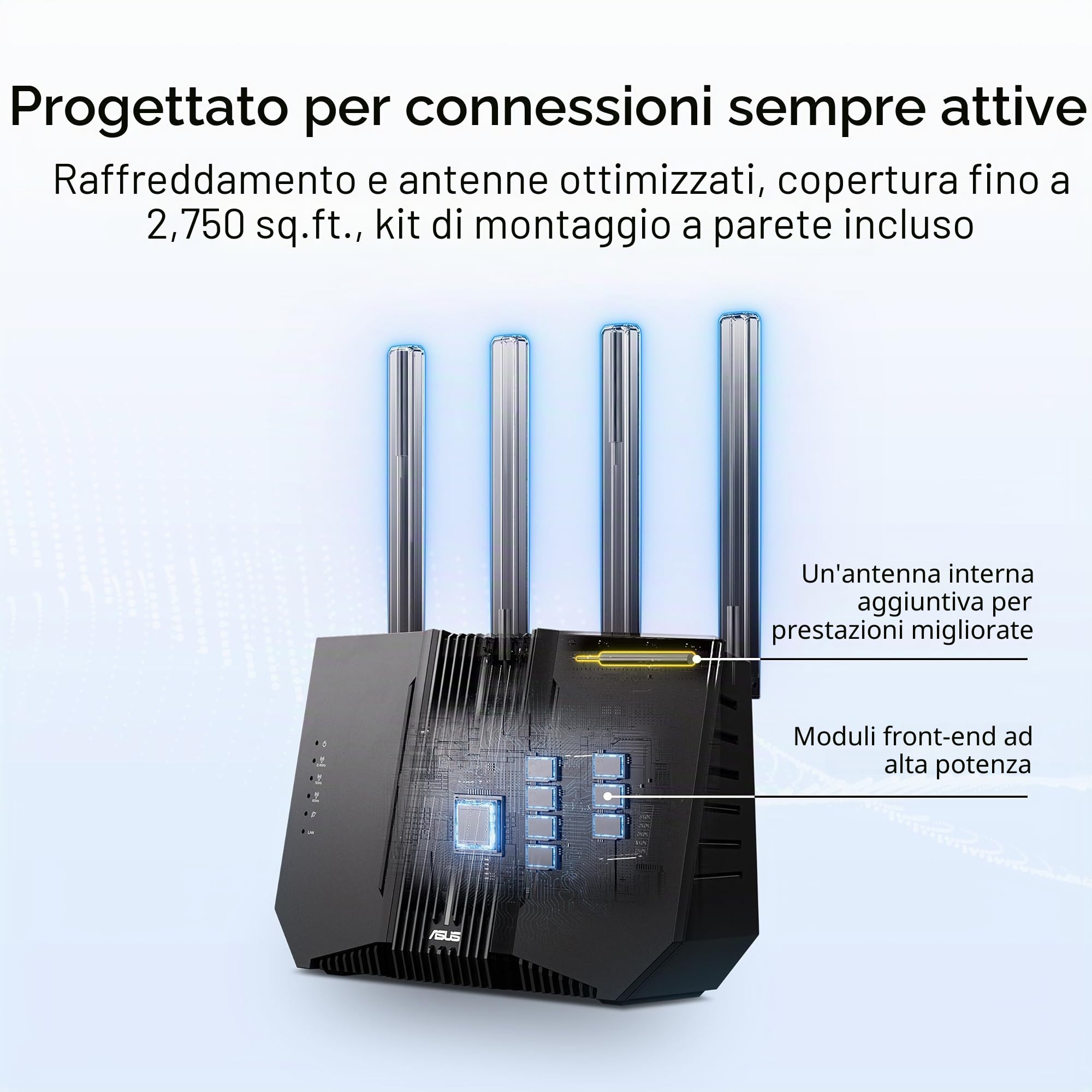 ASUS RT-BE92U BE9700 Tri-Band WiFi 7 Router, supporta la nuova larghezza di banda di 320 MHz e rilevamento 4096-QAM, MLO, AI WAN, Supporto AiMesh, Sicurezza di rete senza abbonamento e Funzioni VPN