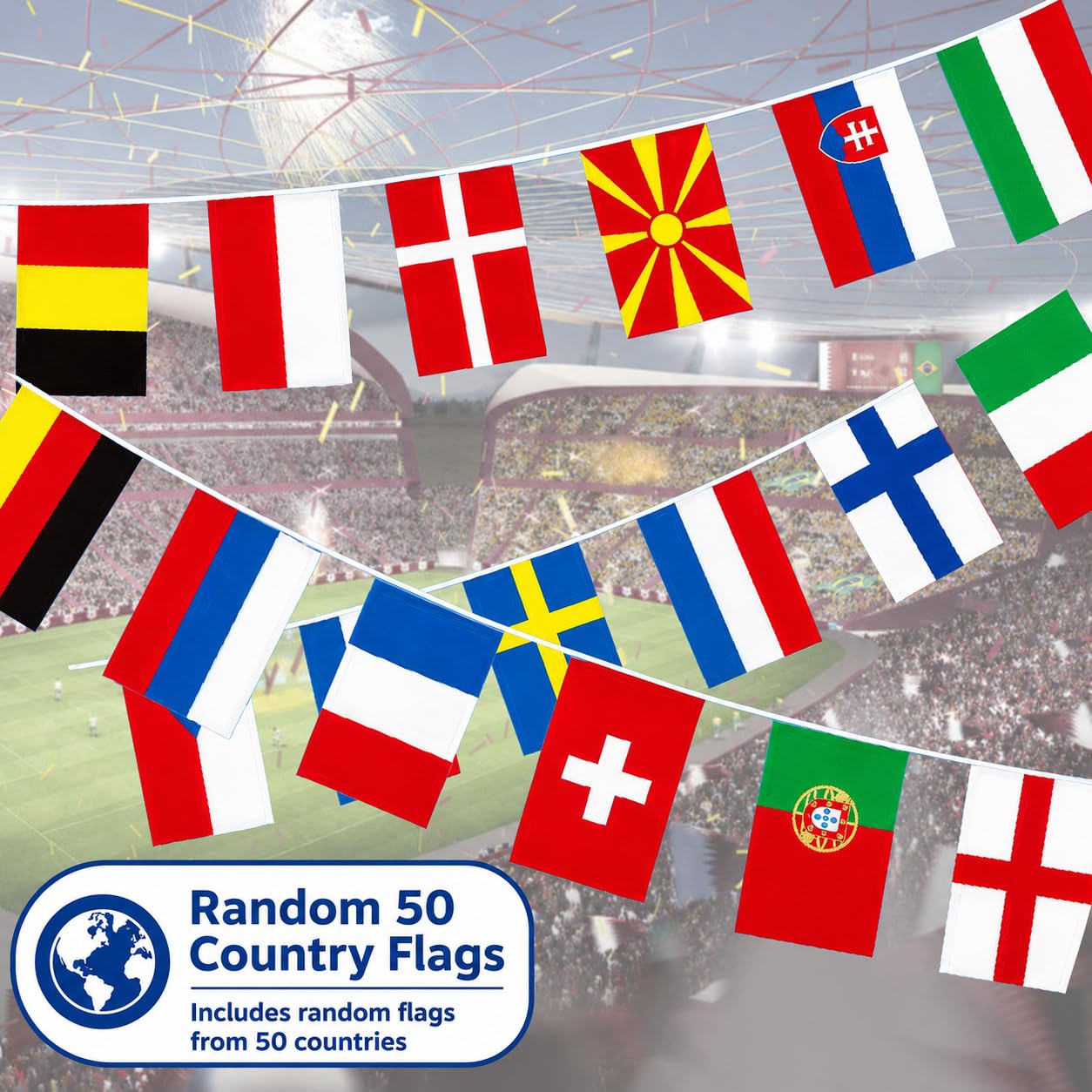 Guirlande de fanions internationaux des nations du monde (13 m) - 50 pays - Décorations de jardin, pub et fête de football - Bannières extérieures étanches pour événements sportifs et