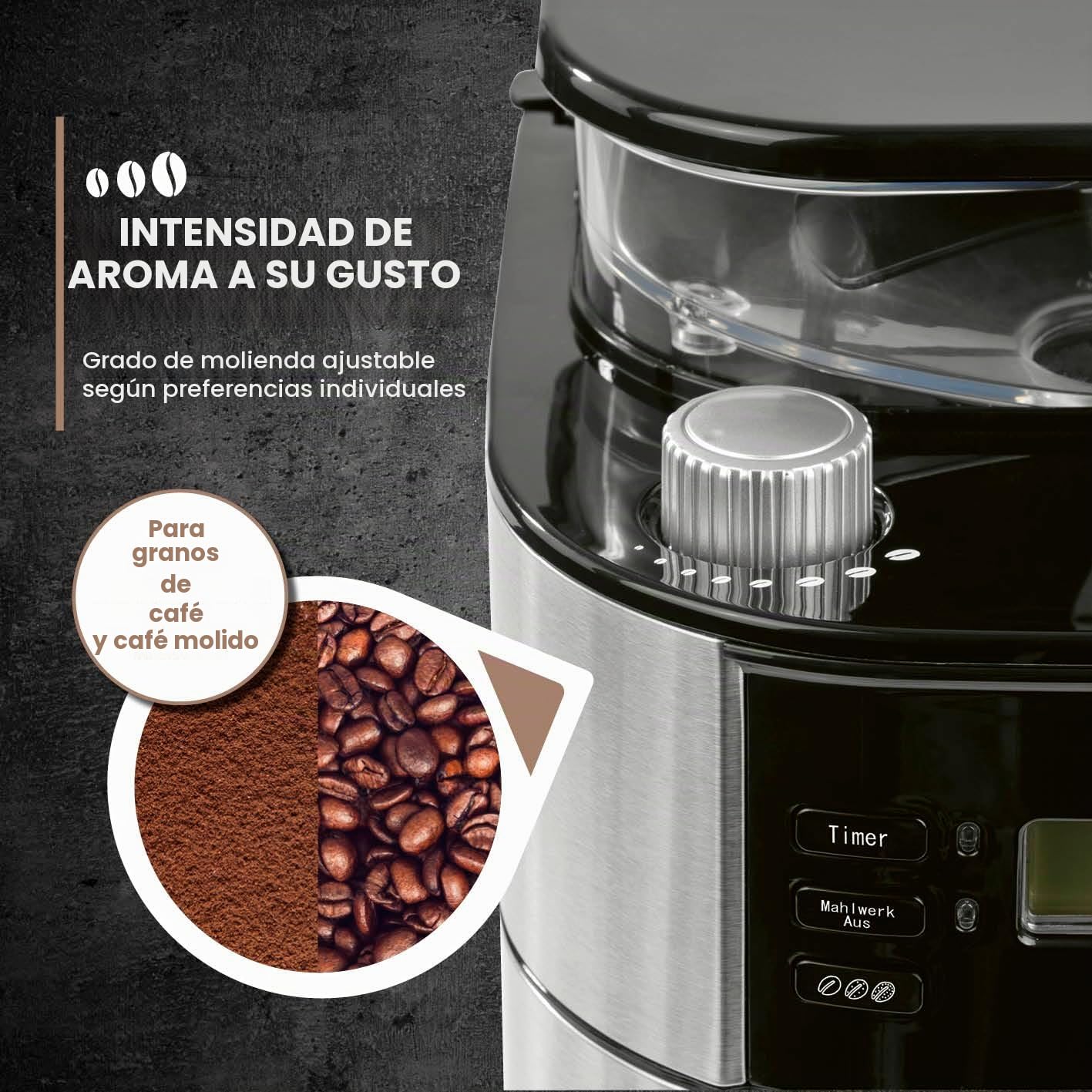 Barista Cafetera de filtro con molinillo ajustable y jarra térmica, función de mantenimiento del calor, temporizador de 24 horas y filtro permanente, para 10 tazas de café