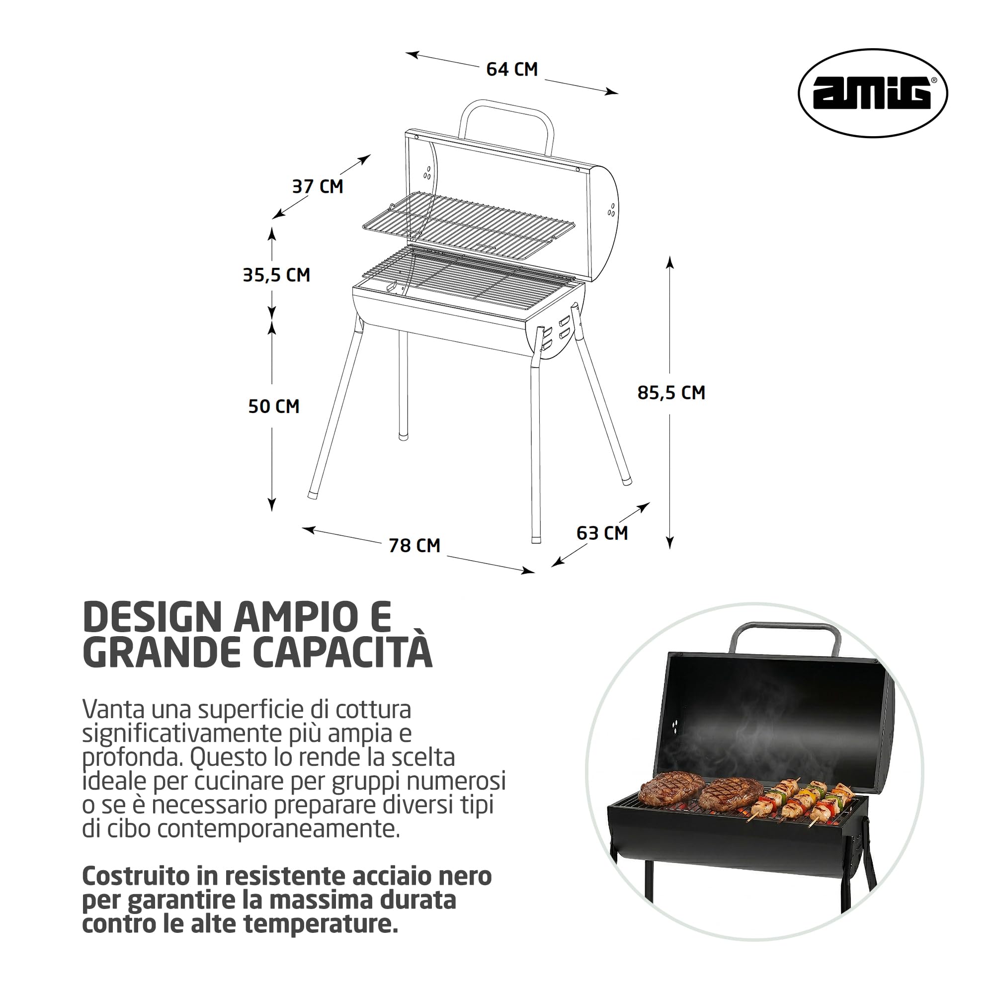 Amig - Barbecue a carbone - 83 x 58 x 84 cm - Nero - Realizzata in Acciaio - per giardino e patio con uso familiare e riunioni, montaggio semplice, pulizia comoda e qualità costante. Mod. KALDERA