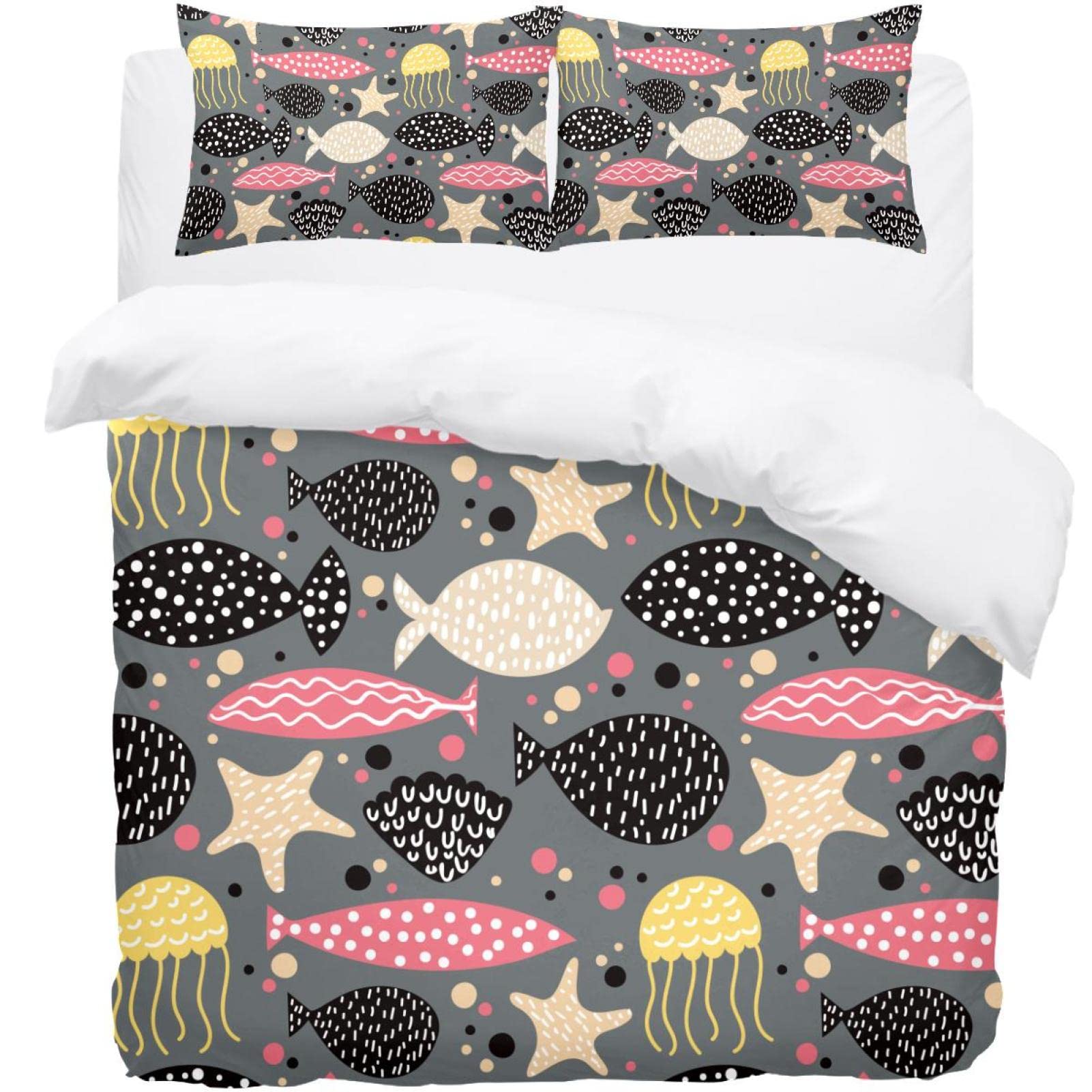 Parure de lit 3 pièces rose noir jaune avec housse de couette et 2 taies d'oreiller