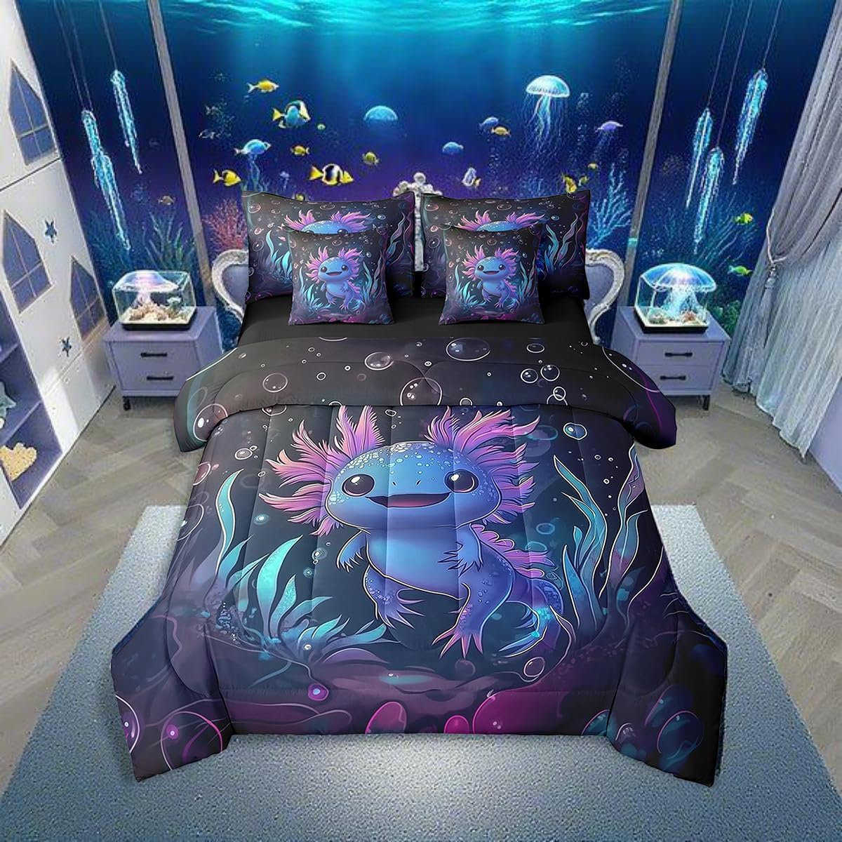 Erosebridal Cute Axolotl Bedding Set Cartoon Axolotl Full Bed in A Bag 7 Pcs Blue Ocean Animal Comforter Set Underwater World Wildlife Sheet Set with Comforter for Kids Boys Girls Room Decor