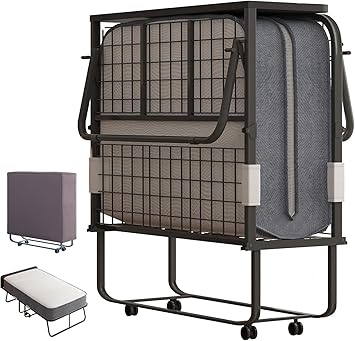BALUS Rollaway Bed with Mattress for Adults, 75" x 46" Fold Up Bed with Headborad & Dustproof Bag, Space Saving Rollaway Beds for Guests, Foldable Sturdy Metal Frame for Bedroom/ApartmentUpgrade