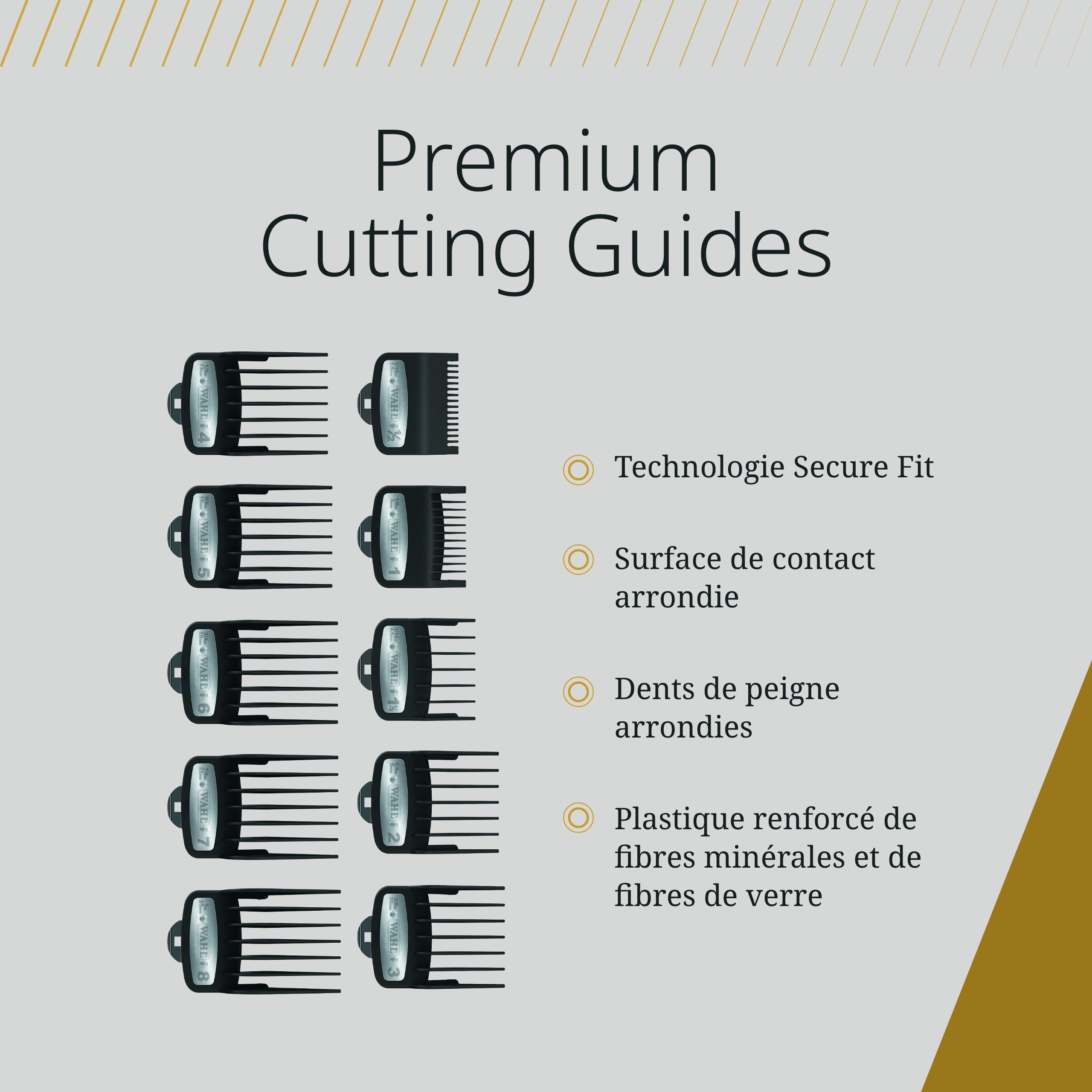 Wahl Guides de coupe Premium avec sac poly - ensemble de peignes de fixation premium, 1,5 mm à 25 mm - Convient pour toutes les tondeuses à cheveux cordonnés Wahl, 10 PCS
