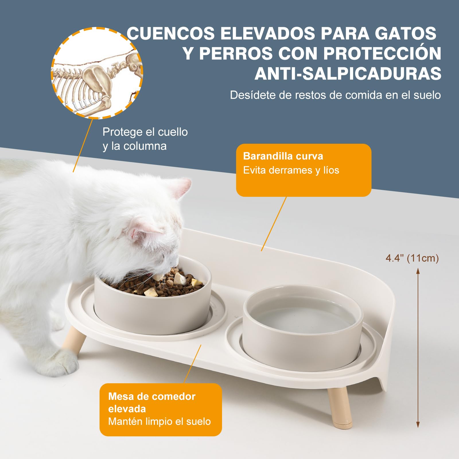 Comedero y Bebedero Elevado para Perros - Cuencos Dobles de Cerámica con Soporte Antisalpicaduras para Comida y Agua - Ideal para Gatos y Perros Pequeños - 2 x 320 ml - Gris