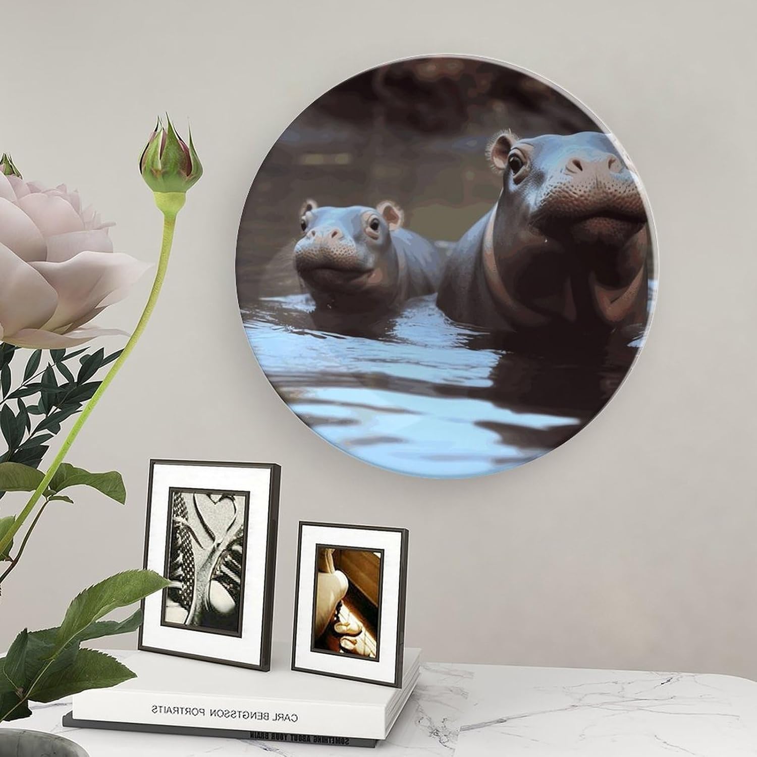 Baby Hippos Bone China Decorative Plate with Display Stand, Ceramic Ornaments Plate for Wall Hanging, Personalized Porcelain Plates for Office, Living Room 8inch