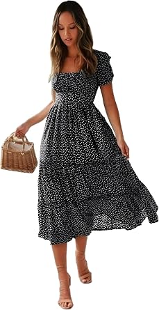 Roll Up Womens Blue Ditsy Floral Ruffle Hem Short Puff Sleeve Maxi Dress - Fit & Flare Square Neck Shirred Long Maxi Dress
