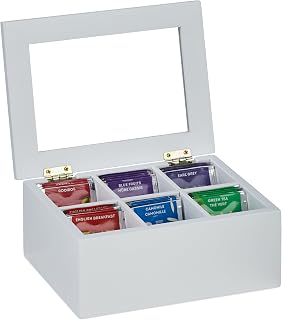 Relaxdays Teebox, 6 Fächer, Bambus, HBT: 9x21,5x16 cm, für Tee & Kaffeepads, Teekasten mit Deckel, staubgeschützt, weiß