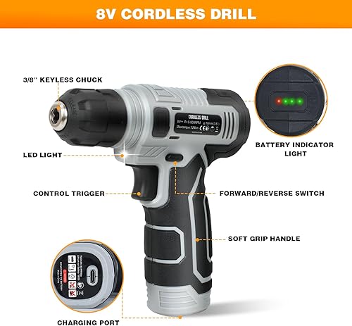 Miniatura 3 de Upgradd - Juego de herramientas de 180 piezas, caja de herramientas con taladro inalámbrico de 8 V, juego de taladro de mano para hombres y mujeres,