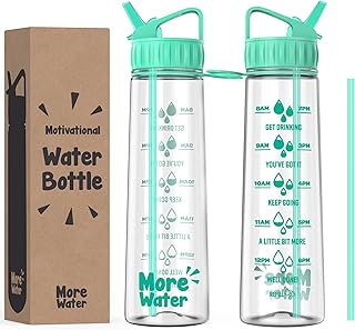More Water Bottle With Straw, Motivational Time Markings 900ml - Drinking Tracker Bottles - Times to Drink - BPA Free Sports Bottles