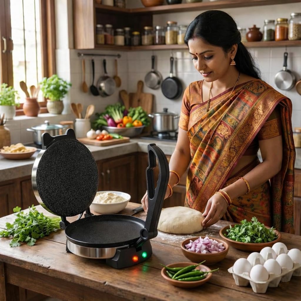 Roti Maker 900W Multi Maker Electric Automatic With 8.5 Inch Plate | Complete Roti/Chapati/Khakra Maker for Home with Stainless Steel Inner Surface(Countertop Griddle Appliance) — Amazon image 3