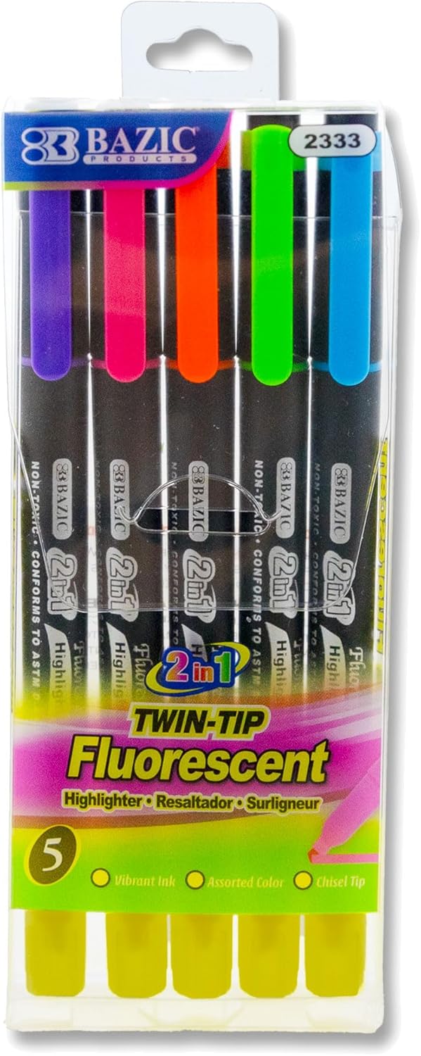 BAZIC Highlighter Double Tip Pen, Chisel Broad Line Fine Point Highlighters, Unscented Highlighting Coloring Marker (5/Pack), 144-Packs