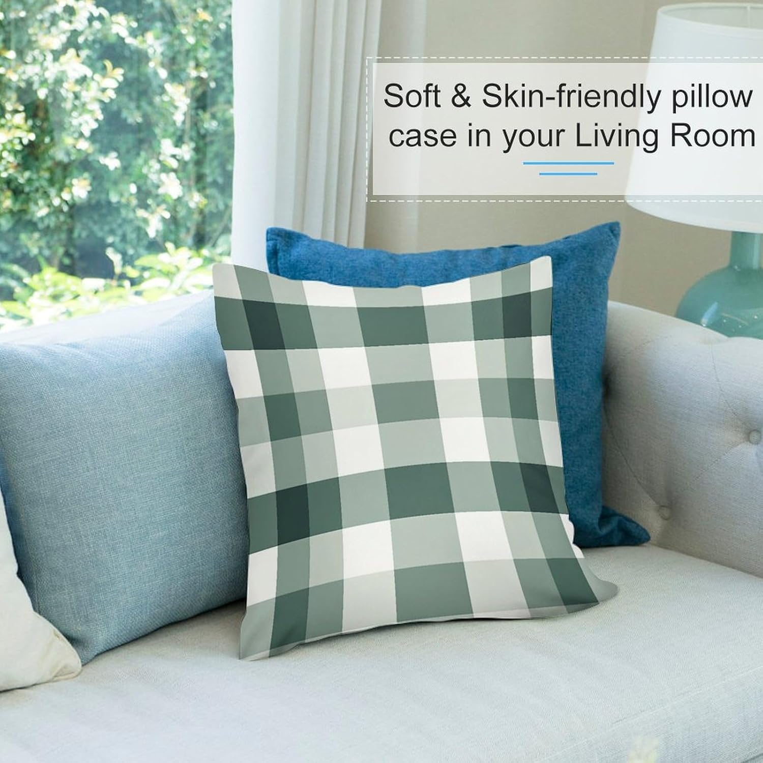 ArogGeld Green Buffalo Plaid Sofa Pillow Cover Set of 2 Green Blue Geometry Plaid Throw Pillow Cushion Oriental Chinoiserie Double Side Velvet Accent Pillow for Office Car Chair Sofa 26"x26"