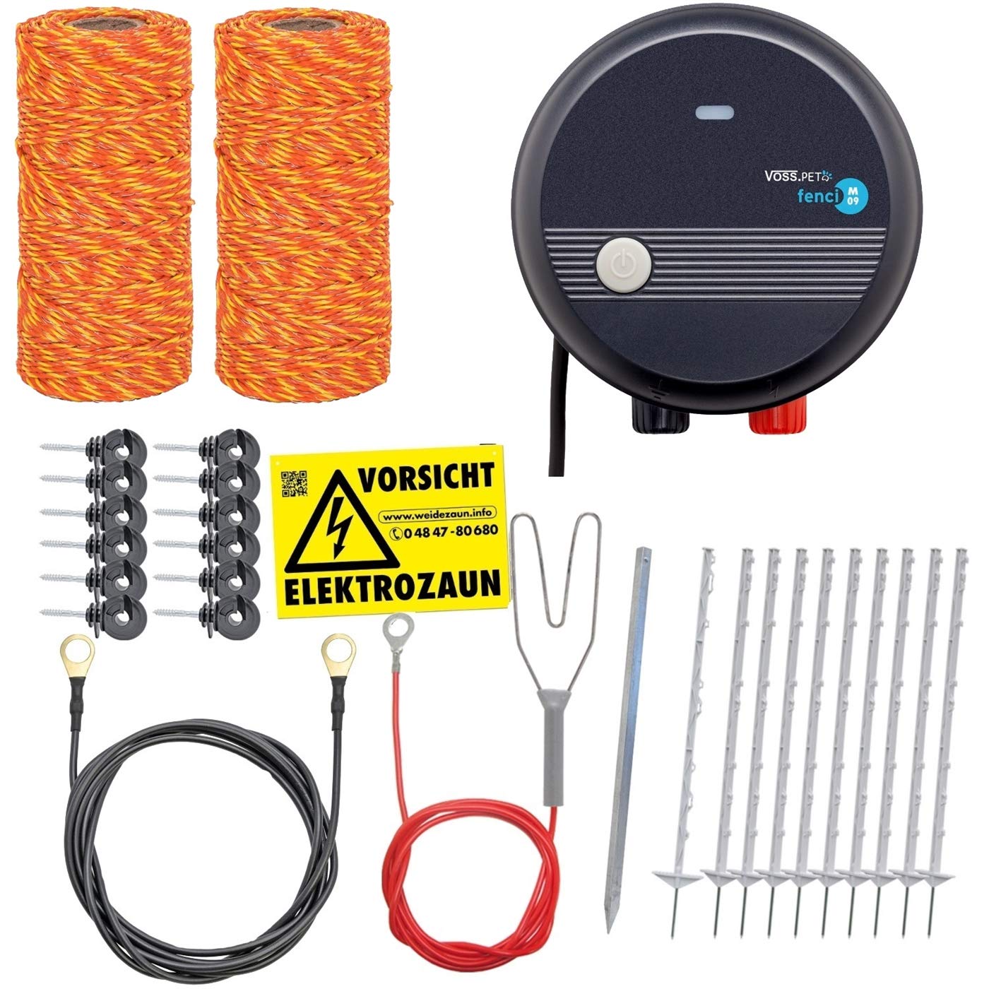 VOSS.farming Hundezaun Komplettset 50m Elektrozaun, ideal für Einzäunungen in Ihrem Garten, mit umfangreichem Zubehör, anschlussfertig mit 200m orangener Weidezaunlitze, 10 weiße Pfähle 105cm
