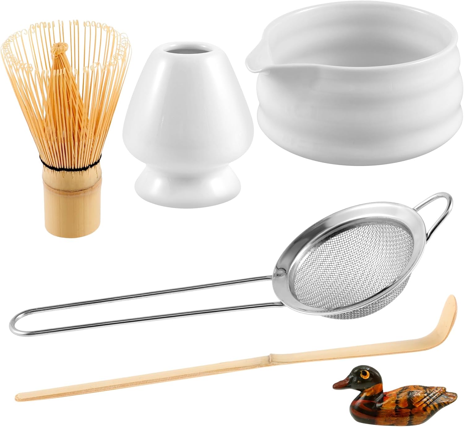5PCS Matcha Set, Matcha Whisk Set, Ceramic Matcha Set Includes Matcha Bowl, Matcha Whisk and Holder, Bamboo Scoop and Stainless Steel Sifter (White)