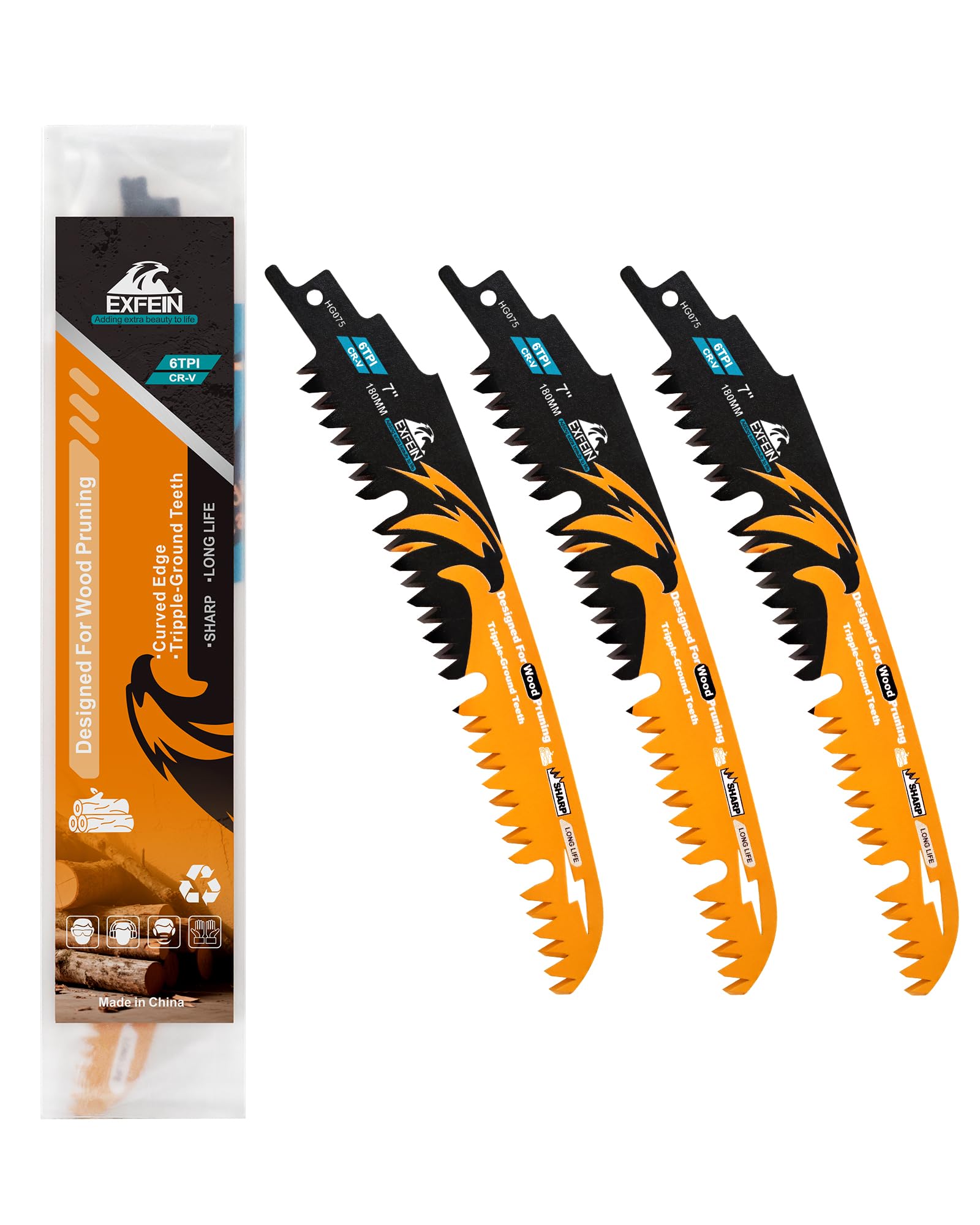 EXFEIN Japanese Teeth Reciprocating Saw Blades 180mm, Arc Edge Wood Pruning Saw Blades 6TPI for Tree Trimming, Wood Cutting, 3 Pieces — image 1