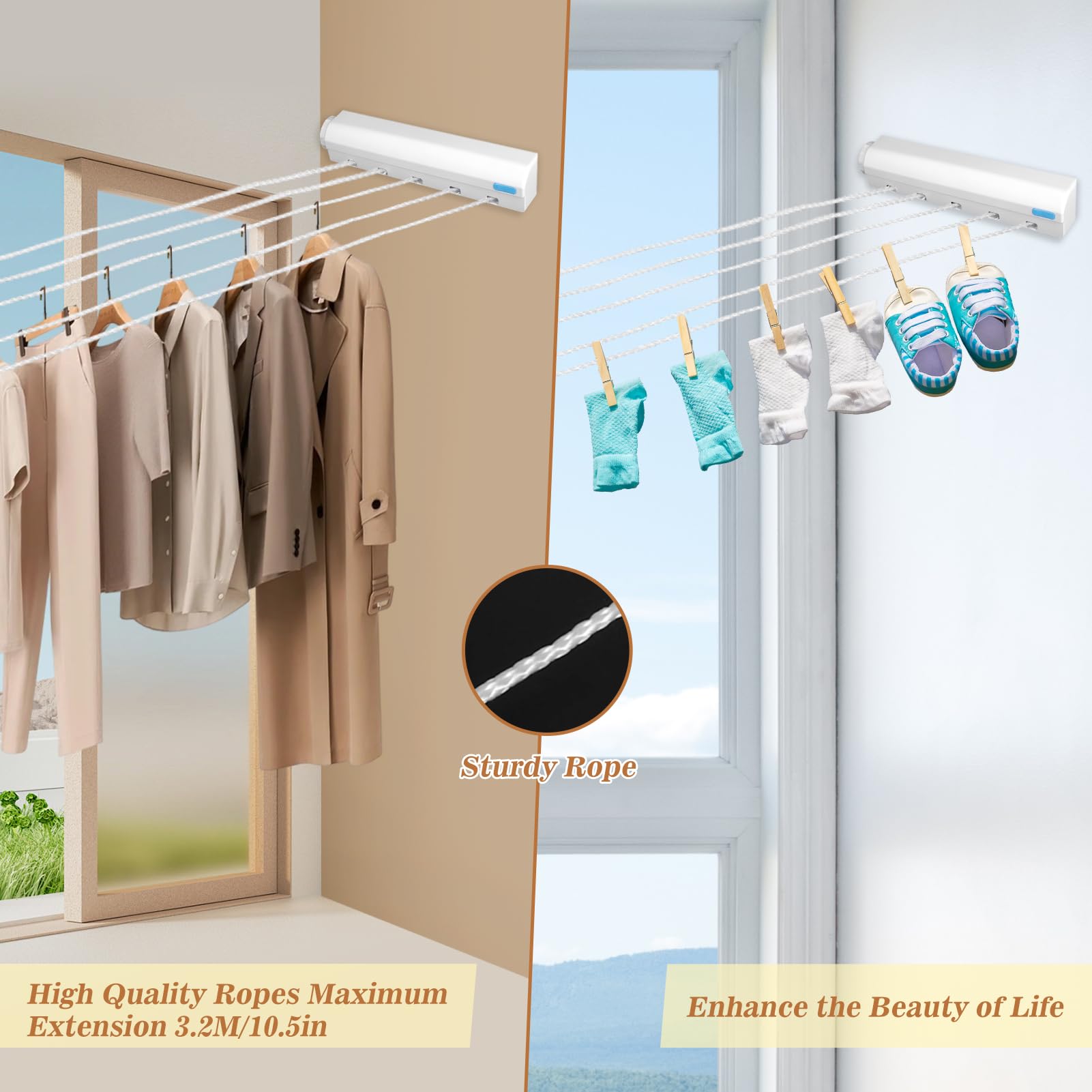 Tendedero RetráCtil Secador De Ropa con Cuerda Ajustable Tendedero Montado En La Pared Tendedero para Ropa, Uso En Interiores O Exteriores(5 Cuerdas)