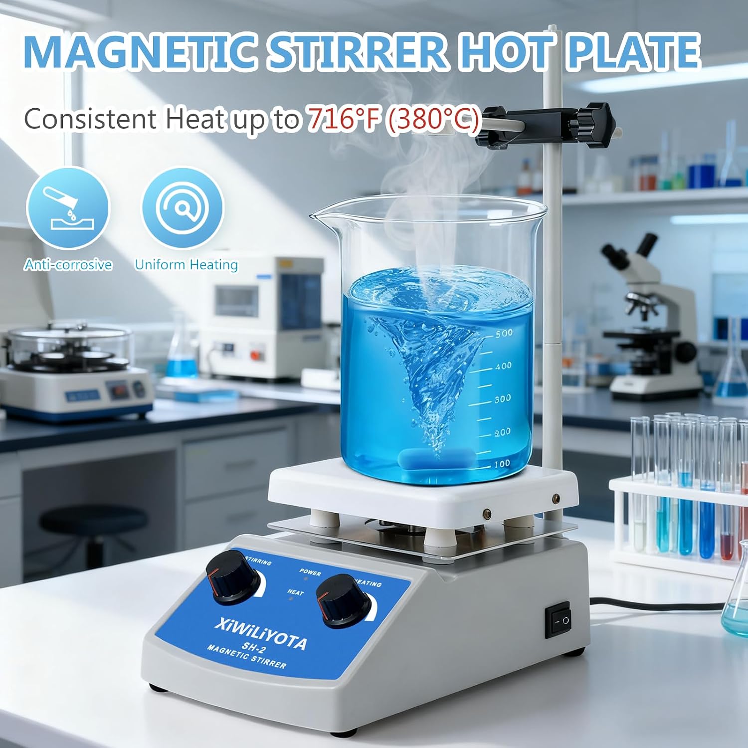 Magnetic Stirrer Hot Plate, 2L Capacity, 716°F Max Temperature & 100-2000 RPM, 180W Hot Plate Stirrer with Support Stand and Stir Bar Recycler Set (Non Digital)