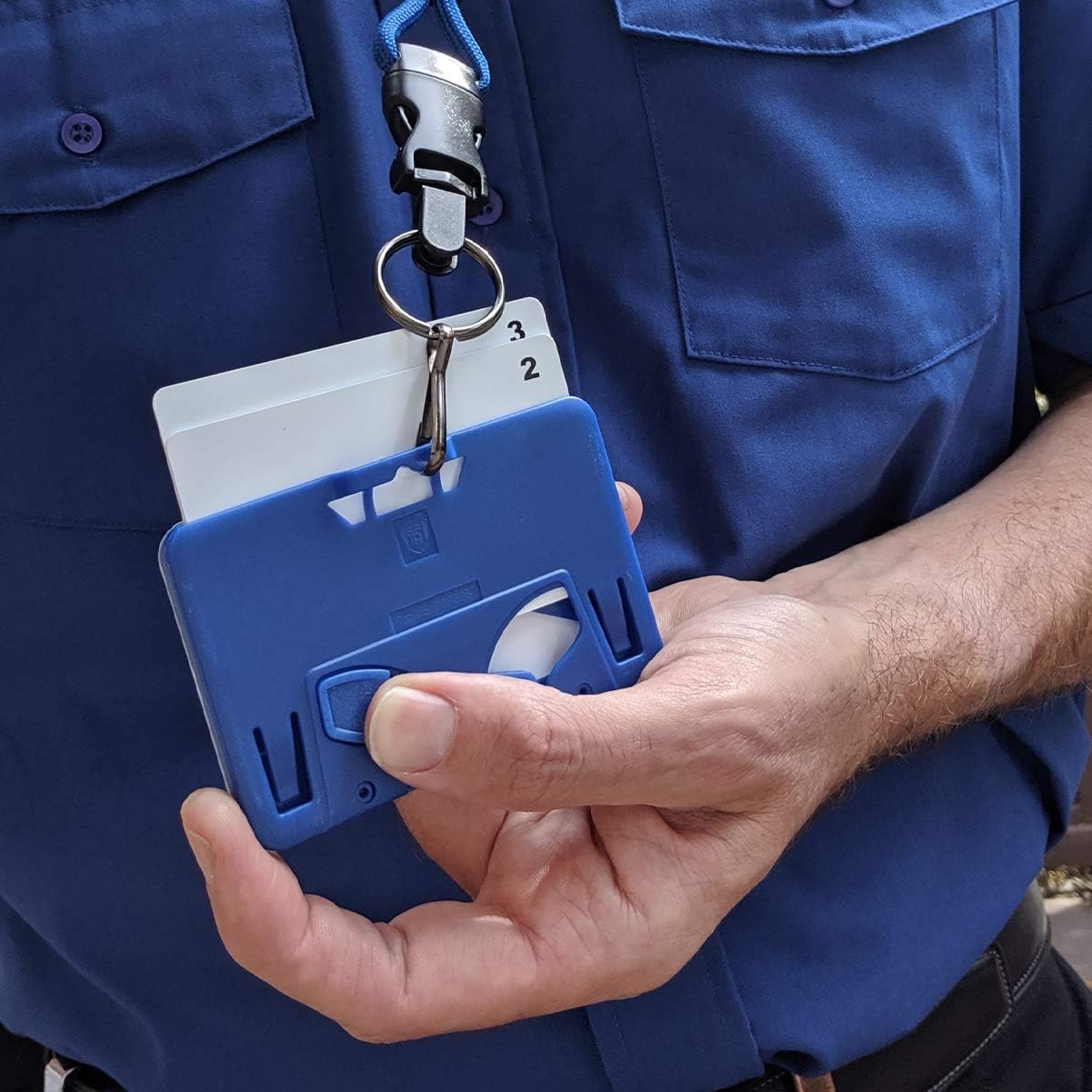 2 Pack - Specialist ID Horizontal 3 Card Badge Holder & Heavy Duty Lanyard with Breakaway Clip and Key Ring - Hard Plastic Rigid Name Tag Protector - Top Load for Three Badges (Royal Blue)