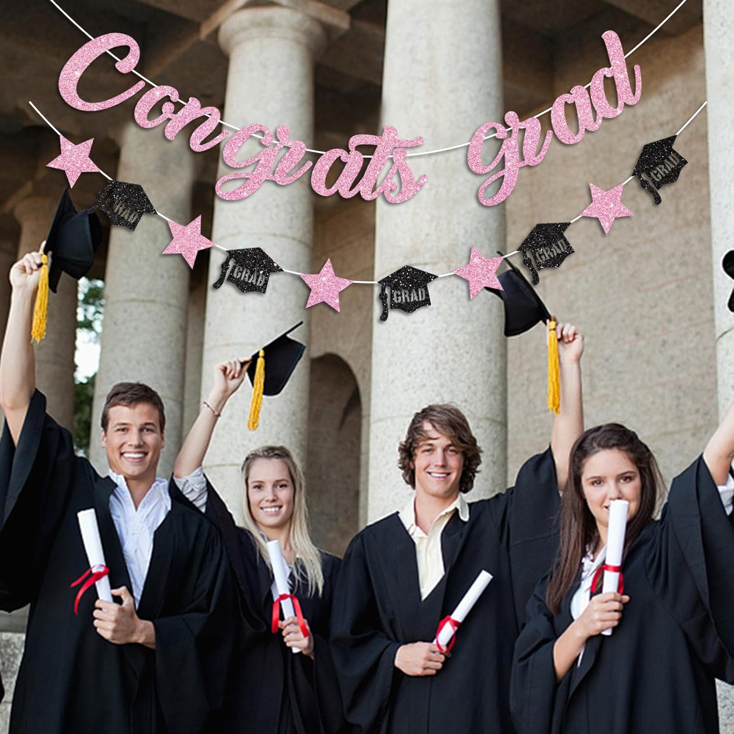 Pink Congrats Grad Banner Glitter Graduation Banner for Graduation Decorations Class of 2026 Party Supplies - Image 5