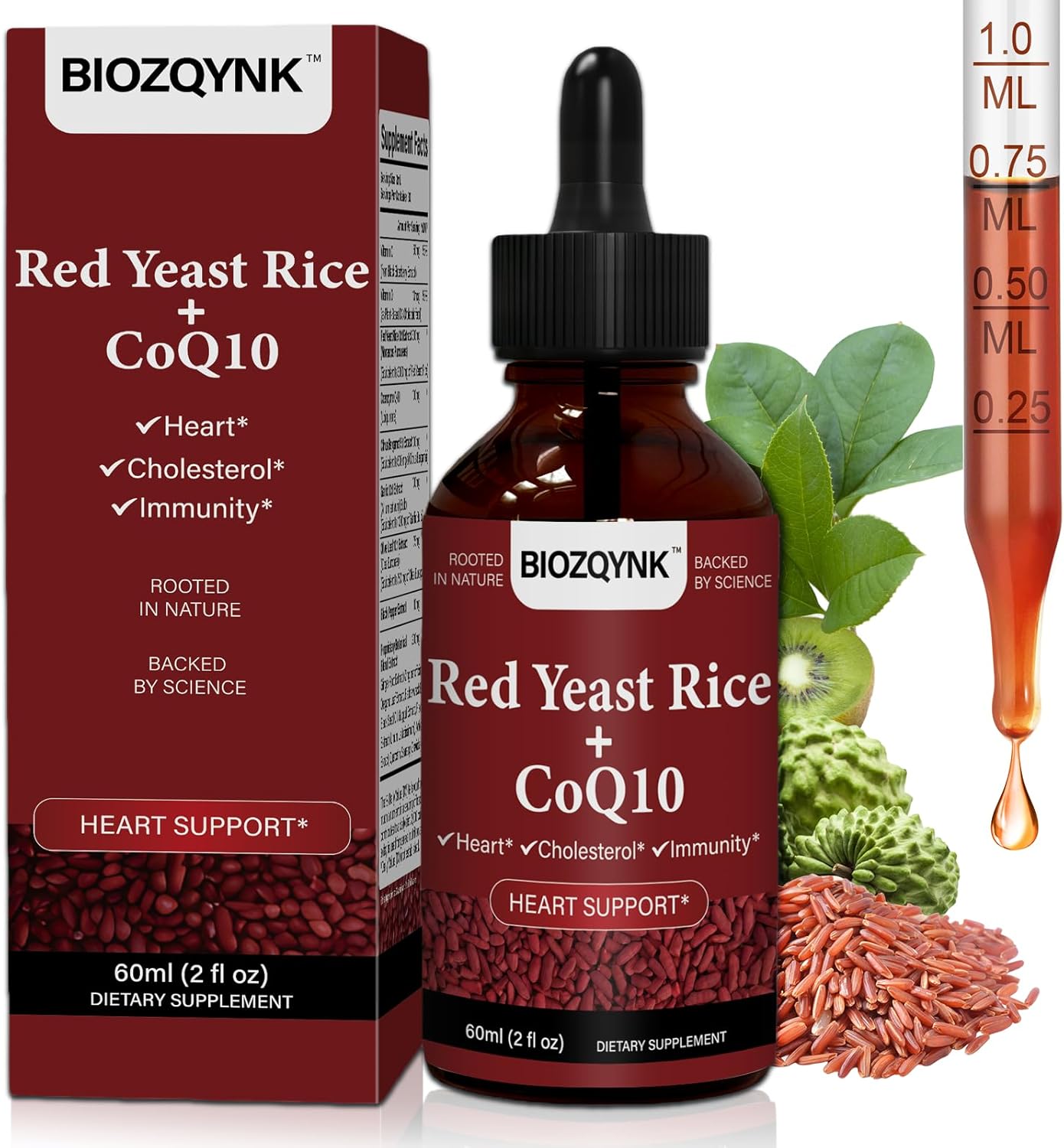 BIOZOYNK Red Yeast Rice + CoQ10 Liquid Drops – Plant-Based Cholesterol & Cardio Support with Citrus Bergamot, Soursop, Garlic & Olive Leaf – Vegan, Alcohol-Free Supplement, 2 fl oz (60 mL)