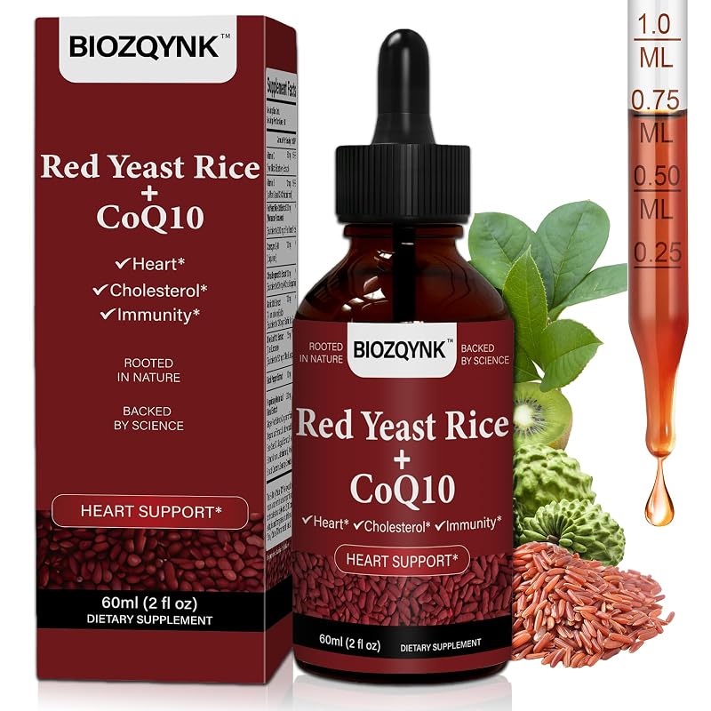 BIOZQYNK Suplemento de arroz vermelho fermentado em gotas com CoQ10, bergamota cítrica, alho e folha de oliveira, porção de 2 mL, 60 mL