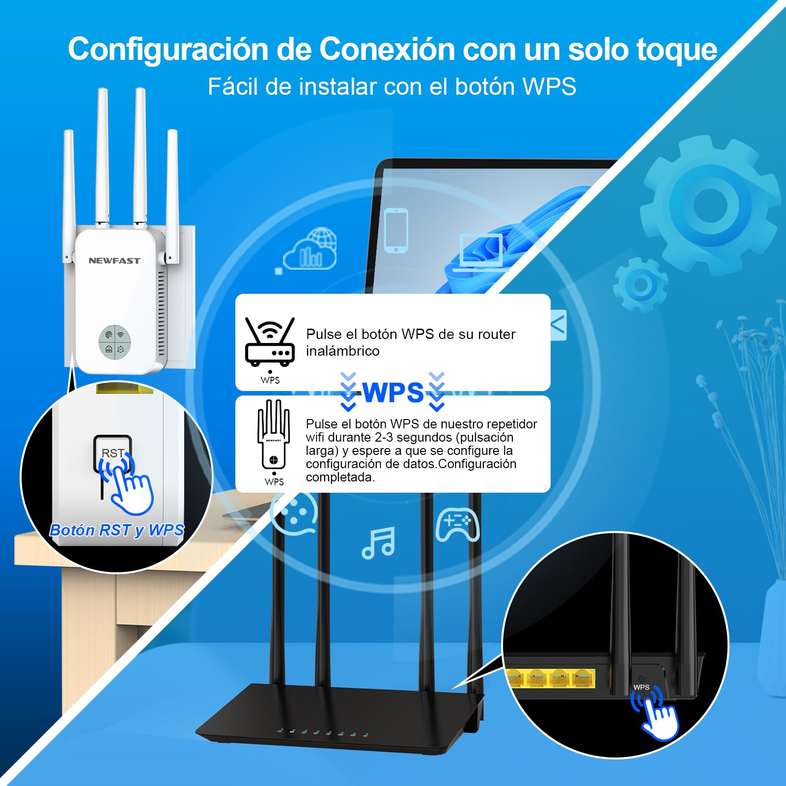 NEWFAST Amplificador Señal WiFi, AC1200 Repetidor WiFi Doble Banda | 5GHz y 2,4GHz, Extensor de Wi-Fi con WPS Botón, Puerto Ethernet, 4 Antena, Pantalla Inteligente, para Casa/Oficina